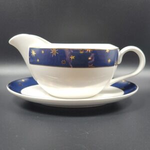 Sakura‎ Galaxy Gravy Boat 14K Gold Stars Blue Trim Fine China Holiday Table VTG